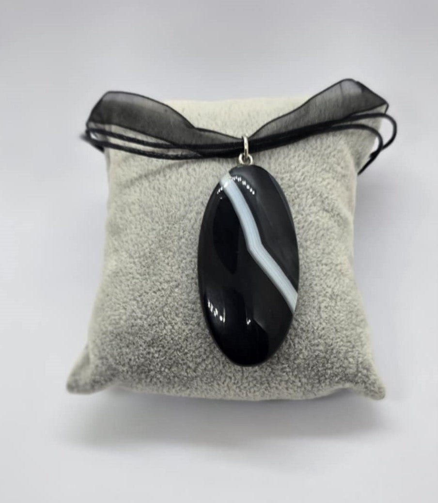 Natural Banded Black Agate Pendant & Necklace