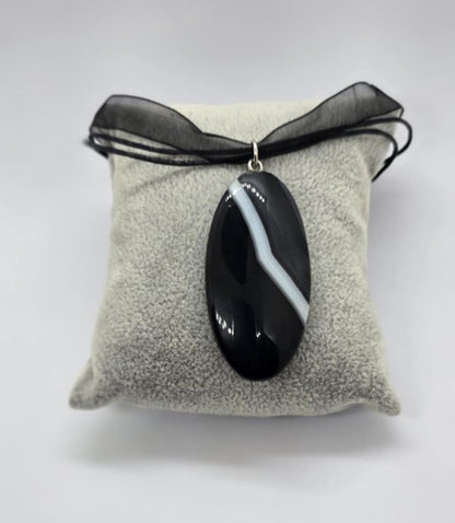 Natural Banded Black Agate Pendant & Necklace
