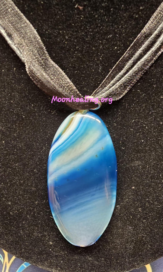 Natural Banded Blue Agate Pendant & Necklace